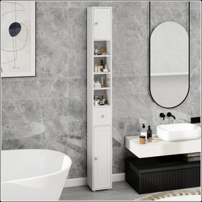 Armoire de rangement haute et mince avec 1 tiroir, 2 portes et 4 tablettes réglables, parfaite pour les espaces modernes et compacts