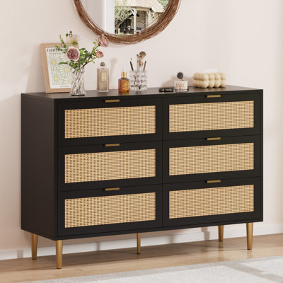 Commode 6 tiroirs avec accents dorés - Commode de ferme moderne pour chambre à coucher et salon