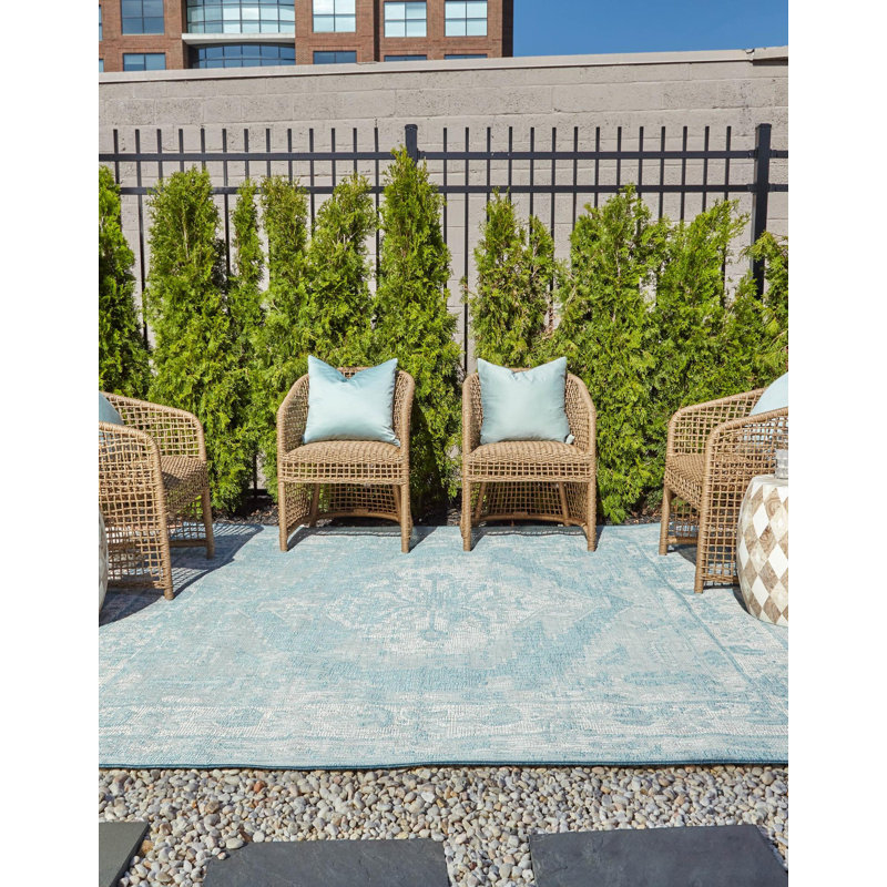 Tapis intérieur / extérieur en polypropylène tissé à la machine oriental bleu / gris, Carré 10 pi