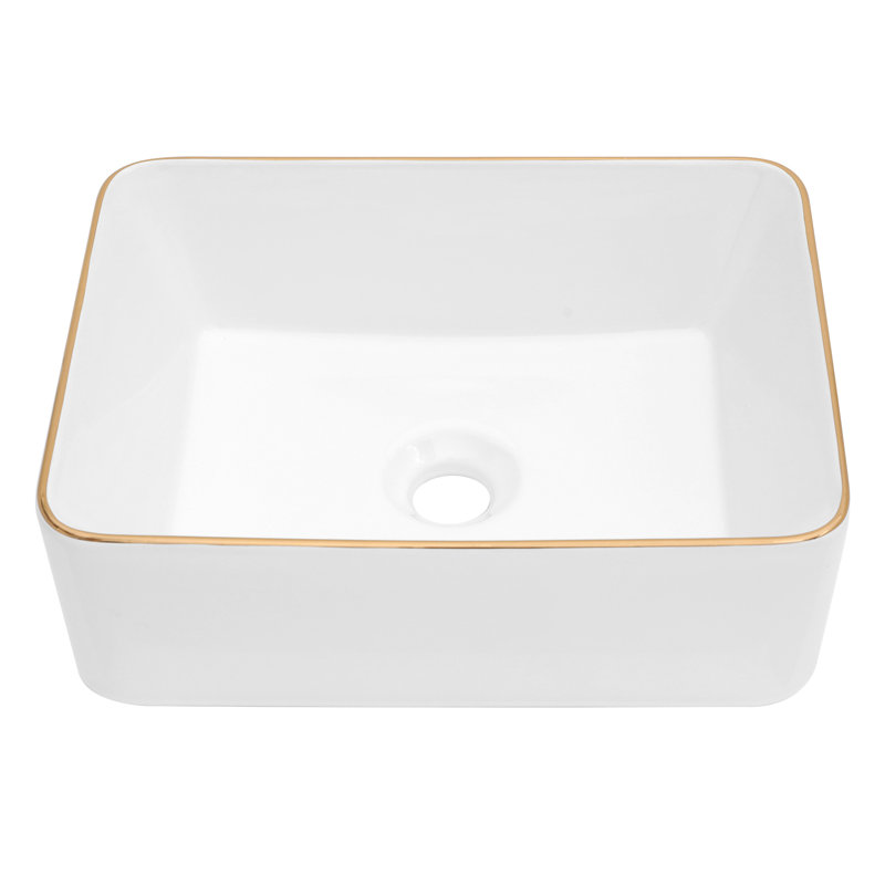 16 x 12 Inch White Ceramic Rectangular Vessel Sink with Gold Rim