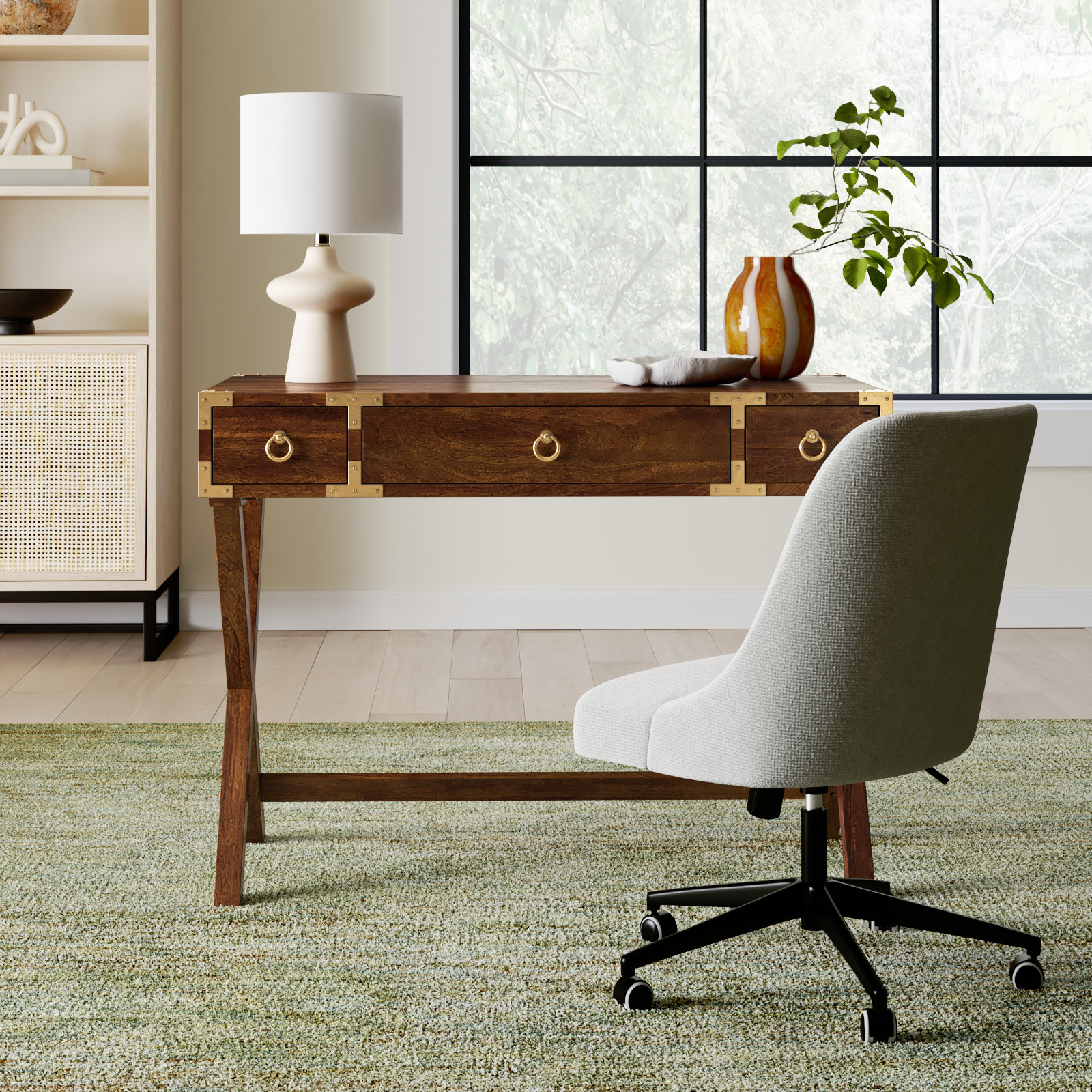 Aerilyn Wood 2-Drawer Desk with X-Base Legs, Brown