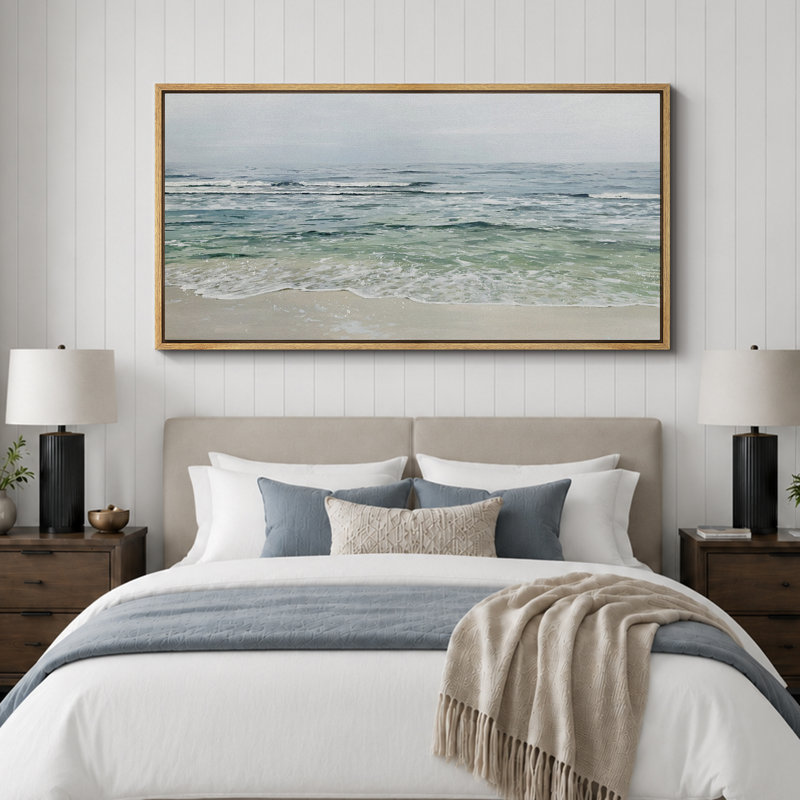 Serene Coastal Waves on Sandy Beach - Pictures Extra Large Framed Canvas Print Wall Art, 30" H x 60" W x 1.5" D
