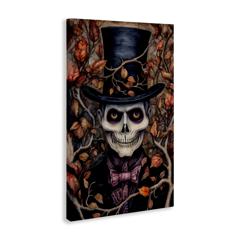 Toile Spooky Skeleton avec feuilles, design par The Dutch Lady, H 24 po x l 16 po