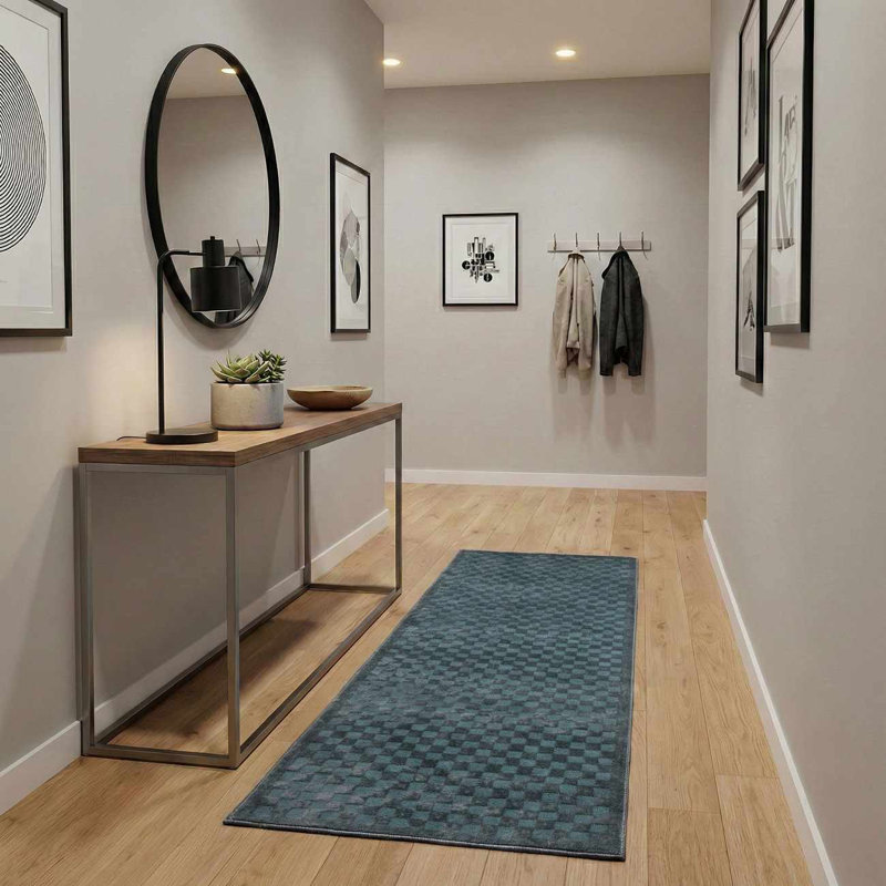 Tapis vert pétrole / gris foncé / noir Chaki Duggans, Bleu, Tapis de couloir 2 pi 7 po x 10 pi
