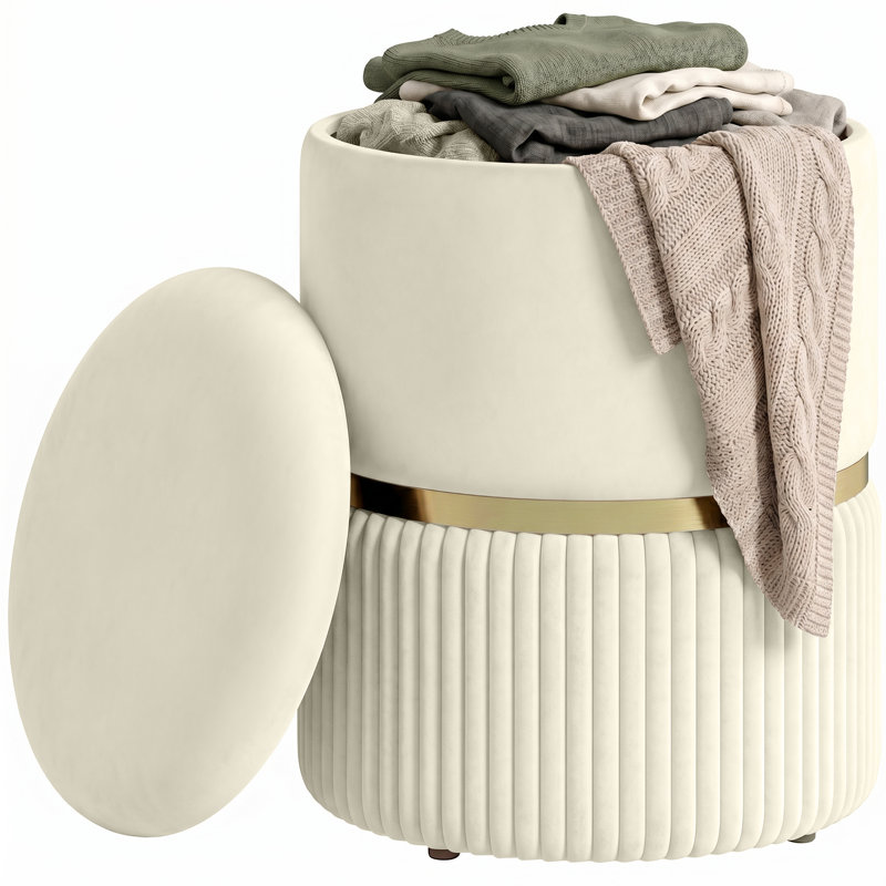 Amberella 36cm Wide Circle No Pattern Footstool Ottoman with Storage, Beige