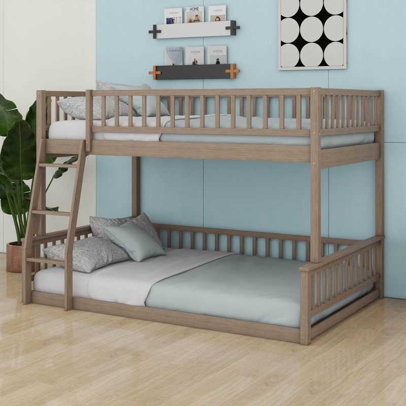 Full XL Over Queen Bunk Bed, Modern Wood Bunk Bed Frame With Ladder And Guardrails, Walnut