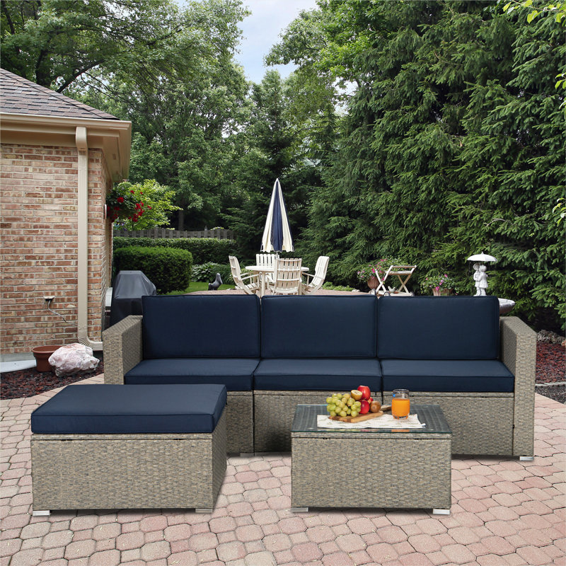 Ensemble de patio complet 5 pièces avec coussins, Bleu marine, gris
