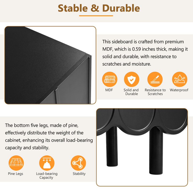 Cream Style Minimalist Shoe Cabinet With 5 Solid Wood Legs, Sideboard Buffet Cabinet With Adjustable Shelves, Large Storage Cabinet With Wave Doors For Living Room