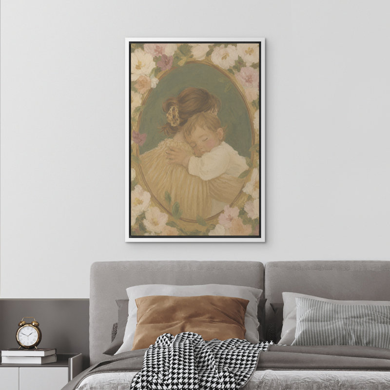 Reproduction d'une œuvre d'art murale rétro sur toile rétro encadrée, mère romantique et enfant endormi, Blanc
