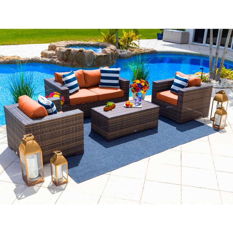 Sorrento Collection In Brown 4 - Person Patio Conversation Set with Cushions, Sunbrella Tuscan
