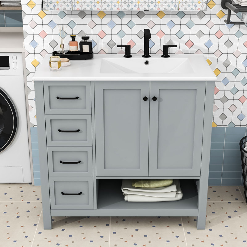 Meuble-lavabo de salle de bain avec comptoir en céramique, armoire de rangement, tiroir et tablette ouverte, Gris