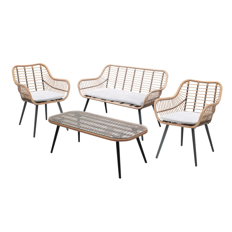 Ensemble de conversation modulaire en rotin avec coussins 4 pièces Ledet, Blanc
