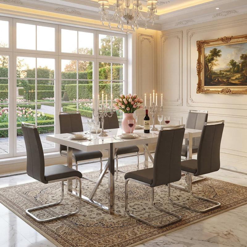 7-Piece Modern Glam High-Gloss Dining Set with Faux Leather Cantilever Chairs, Dark  Gray, 7
