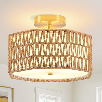 12.6" Octagon Rattan Ceiling Light, 3 Light Rattan Ceiling Light Flush Mount, Boho Flush Mount For Living Room, Bedroom, Dining Room, Kitchen Island, Hallway, Foyer