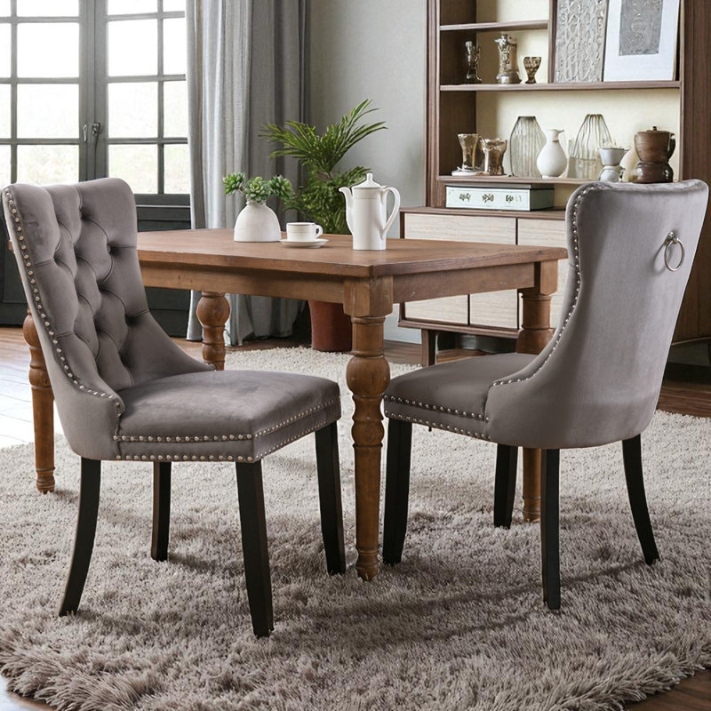 2PCS Modern Velvet Wingback Tufted Solid Wood Upholstered Dining Chairs (Set of 2), Gray