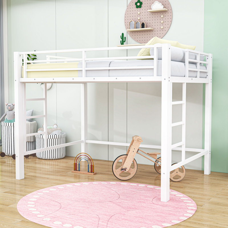 Metal Loft Bed with Ladder and Guardrails, Queen