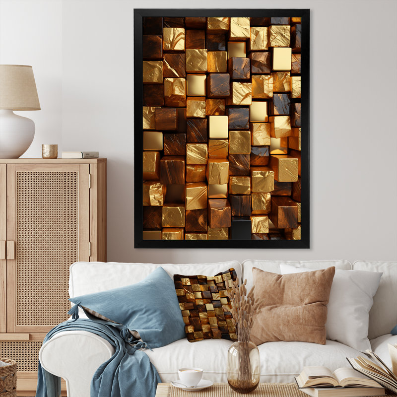 Or abstrait cubes III - art mural géométrique, Cadre photo noir, H 20 po x l 12 po x P 1 po