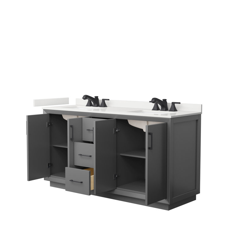 Strada 66'' W Double Vanity, Dark Gray, Brushed Nickel, White Quartz