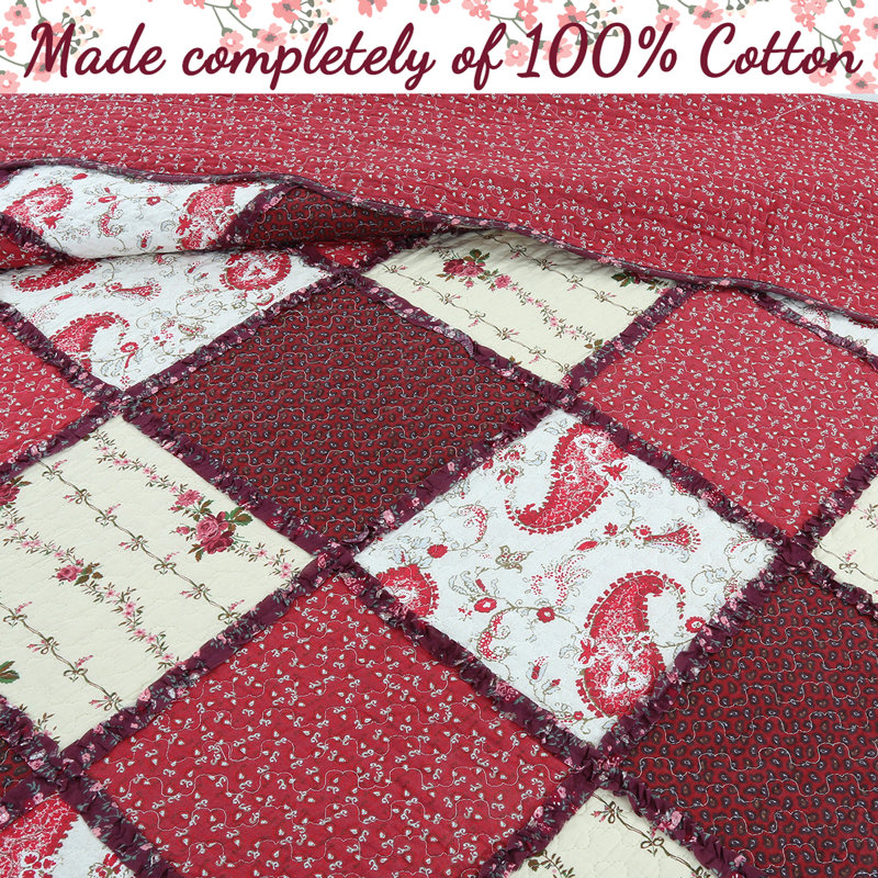 Queen Red Cotton Reversible Patchwork Quilt Set