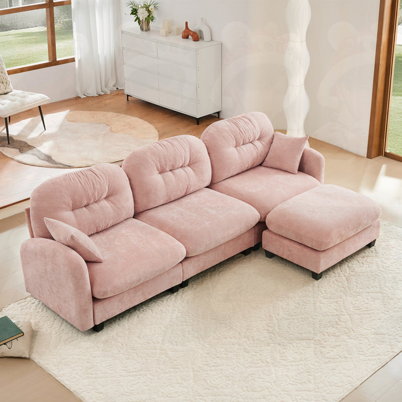 Canapé modulaire 3 places avec 1 repose-pieds, H 36,6 po x l 107 po x P 59,5 po, 3, Rose