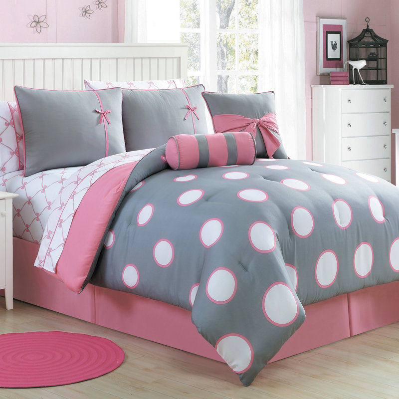 Sophie Polka Dot Bed-in-a-Bag Comforter Set, Full, Pink/Gray