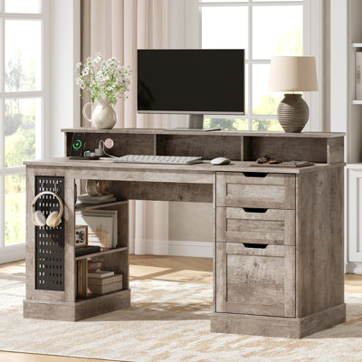 55-Inch Farmhouse Executive Desk with 2 Drawers and File Cabinet, Computer Desk with 3-Tier Storage Shelves, Home Office Desk with Charging Station, Pegboard and Monitor Shelf