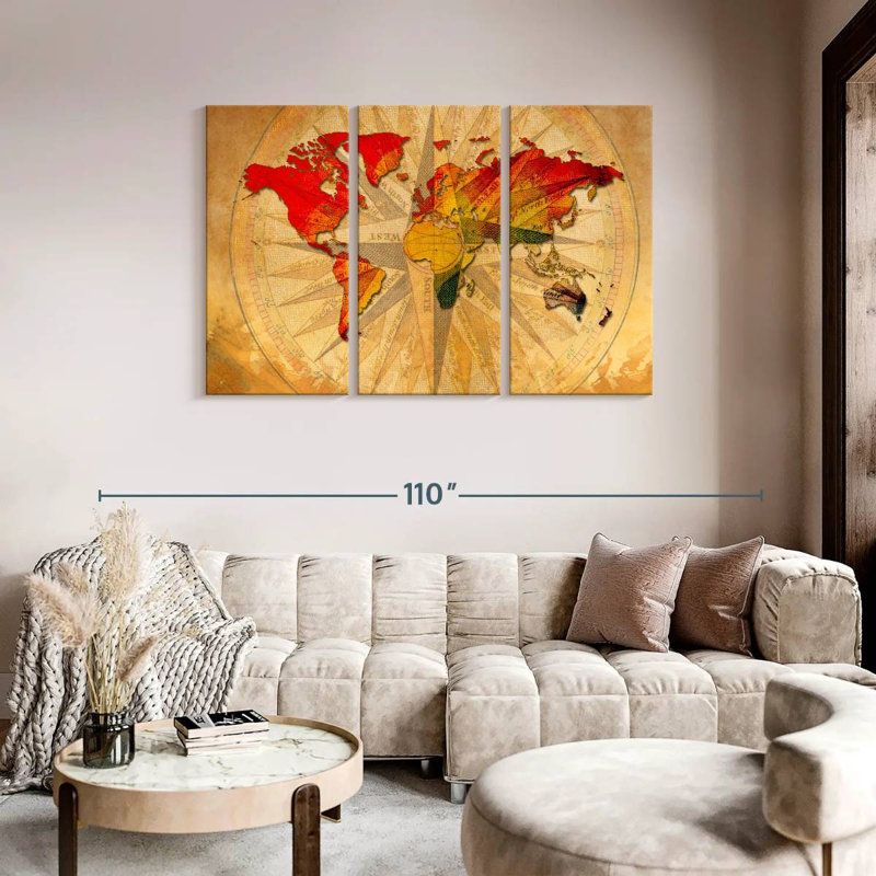 «World Map Old Compass World Map», reproduction sur toile 3 pièces par Tess P, H 48 po x l 74 po x P 1,25 po