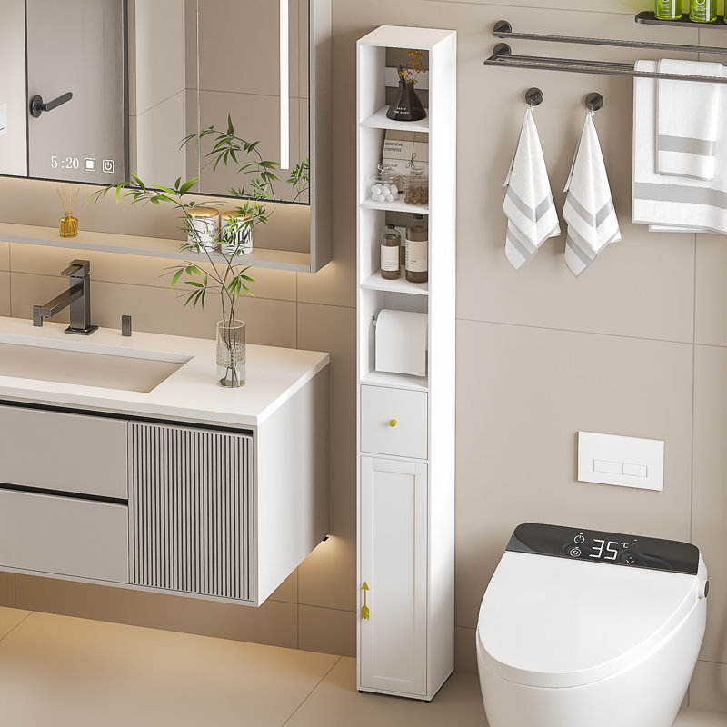 Slim Bathroom Cabinet Freestanding Bathroom Shelf With Door And 1 Drawer, White