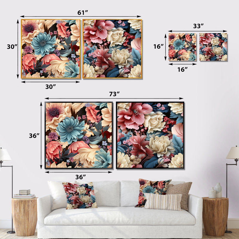 Eya - Ensemble de 2 décorations murales florales, Cadre flottant doré, H 16 po x l 33 po x P 1 po