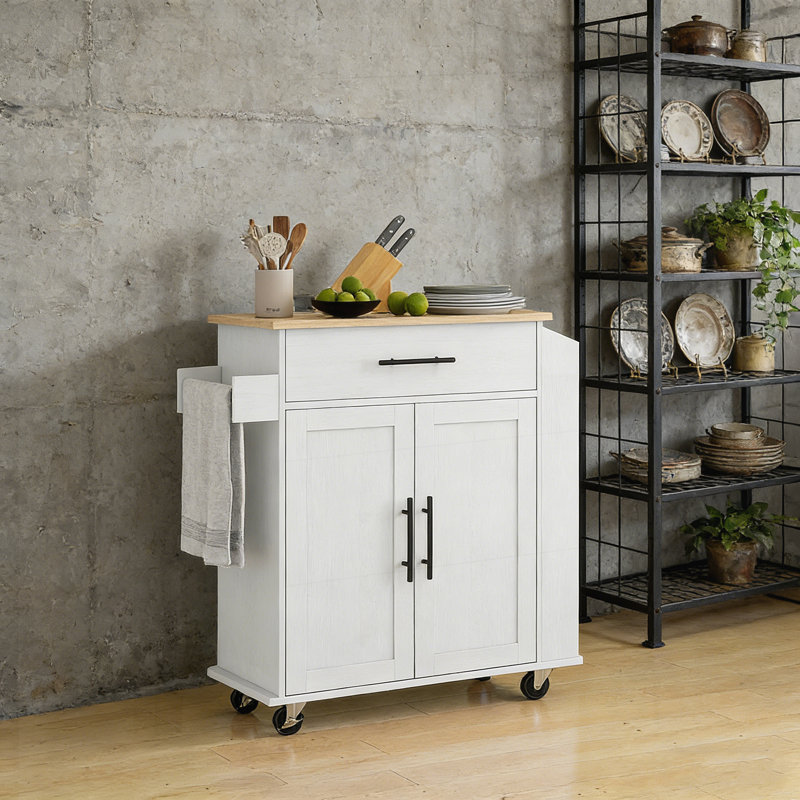 Rolling Kitchen Island with AC Outlets, USB Ports, Storage Cabinet, Spice Rack, and Towel Holder for Modern Kitchens., White