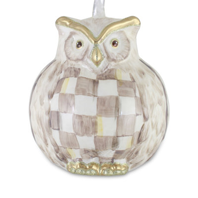 Mocha Check Owl Glass Ornament