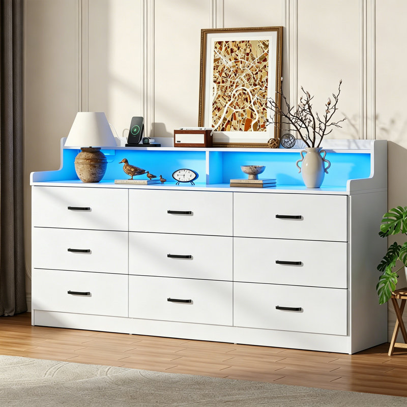 White 9 Drawer Dresser with Charging Station & Led Lights for Bedroom, 63" Large Deep Chest of Drawers,Wooden Dresser Storage Cabinet with 9 Drawers for Bedroom, Long  Dressers for Living Room, Hallway