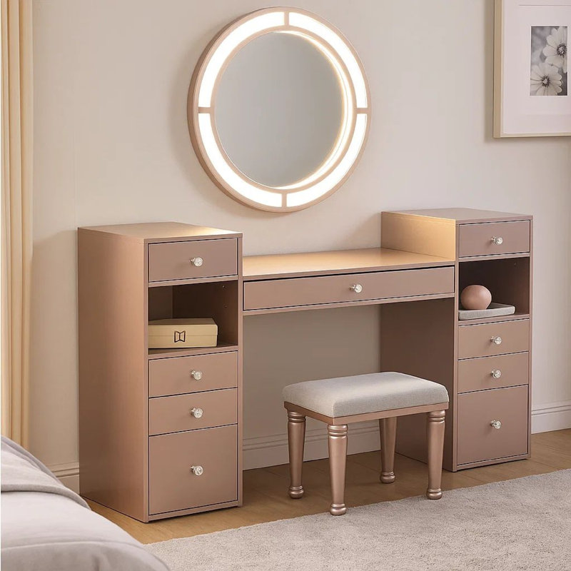 Yezy 3Pc Vanity LED Mirror Desk Set With Padded Stool, Blush Pink