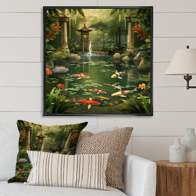 Bamboo and Koi Pond Showcase I - Art mural en bambou, H 36 po x l 36 po x P 1,5 po, Cadre flottant noir