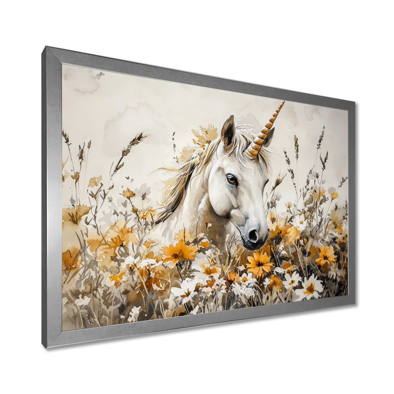Décoration murale licorne dans la prairie fleurie I - licornes, H 12 po x l 20 po, Argent argent