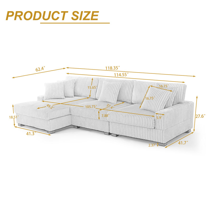 Canapé modulaire rembourré 3 pièces en flanelle de fourrure de lapin blanche avec accoudoirs et coussins décoratifs 3 pièces