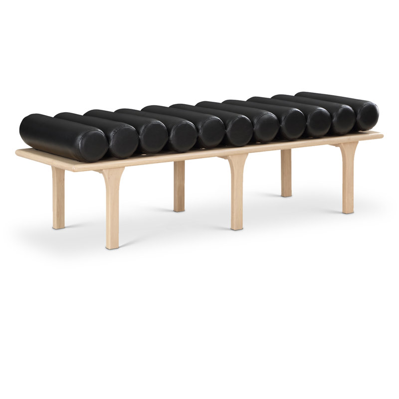Landon Boutis Faux Leather Upholstered Bench, Black Vegan Leather, Natural Oak