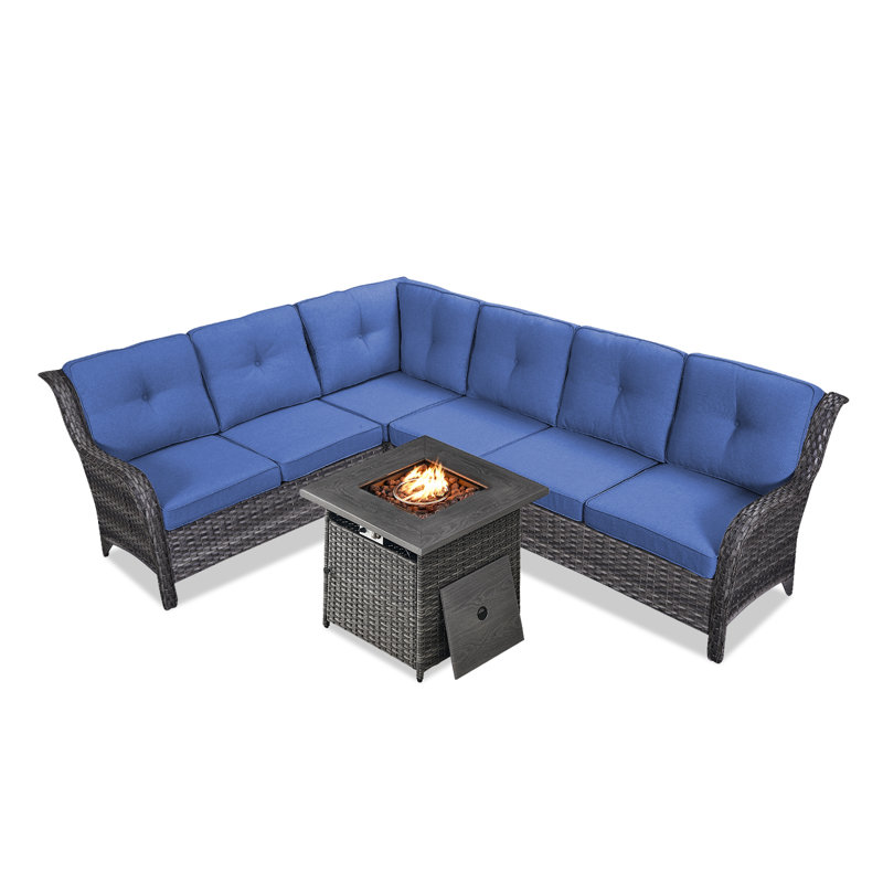 Canapé modulaire d'extérieur en forme de L en osier de 139 po avec foyer d'extérieur avec coussins Benigni, Bleu, Gris
