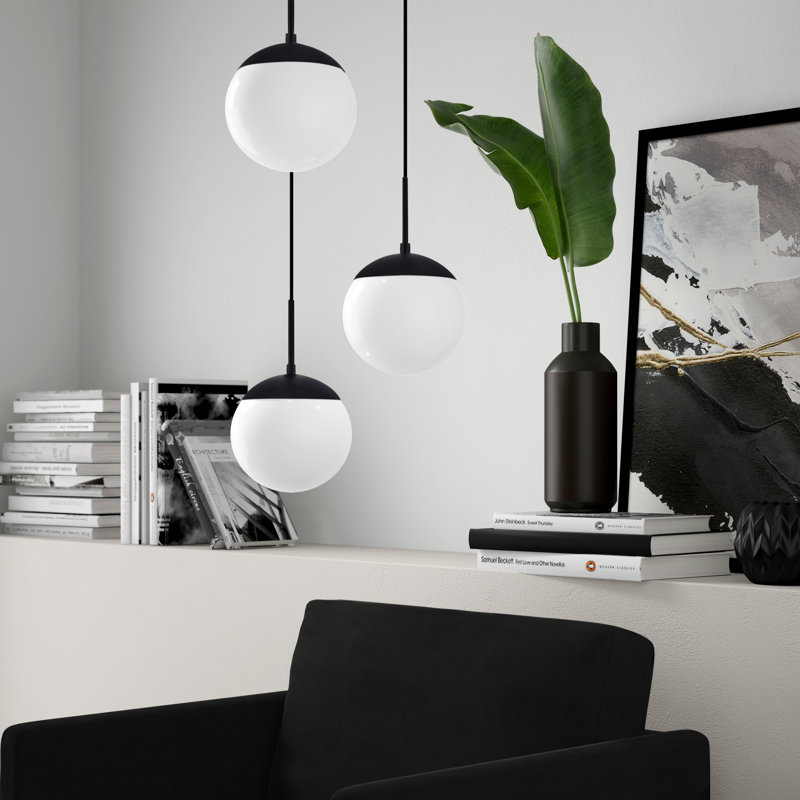Yearby Dimmable Globe Cluster Pendant , Black, Frosted White, 3 Lights