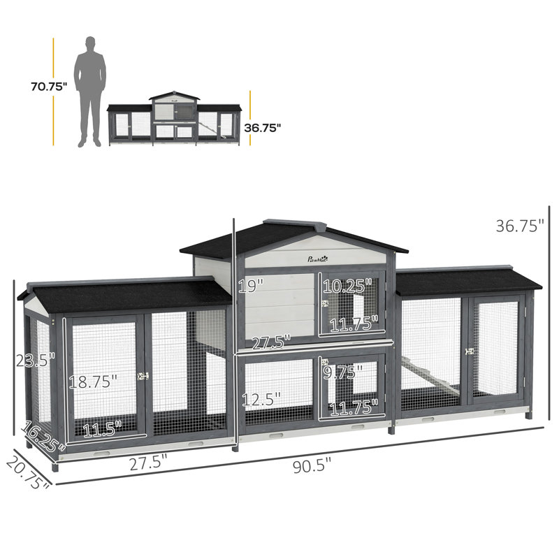 Grande cage à lapins en bois avec boîtes à double couloir, plateau sans fuite, rampe, pour petits animaux et cochons d'Inde, gris clair