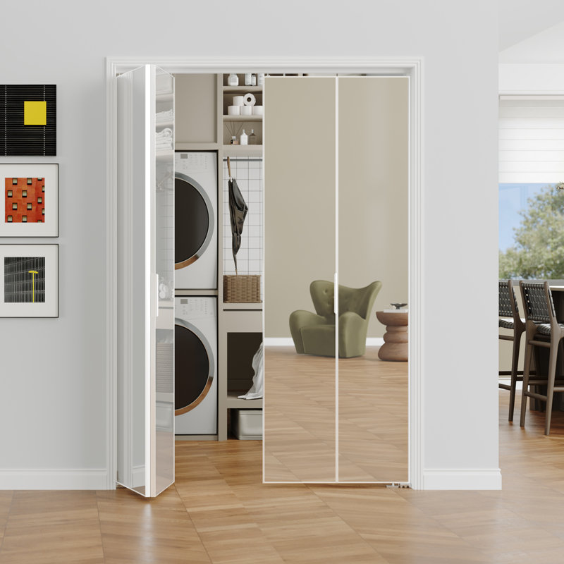 30 in. x 80 in. White Mirrored Glass Full Lite Bi-Fold Door