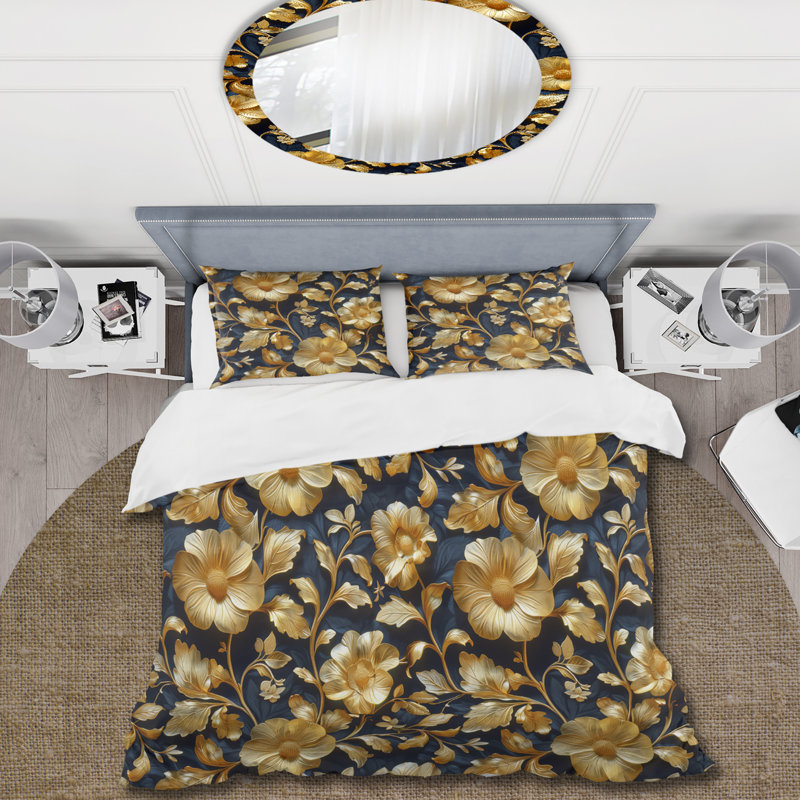 Ensemble de housse de couette à motif floral noir et doré, Housse de couette très grand + 2 taies décorativ