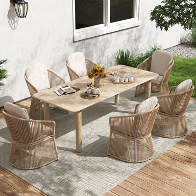 7-piece Alfresco Dining Set With Solid Wood Table And 6 Steel Frame Armchairs