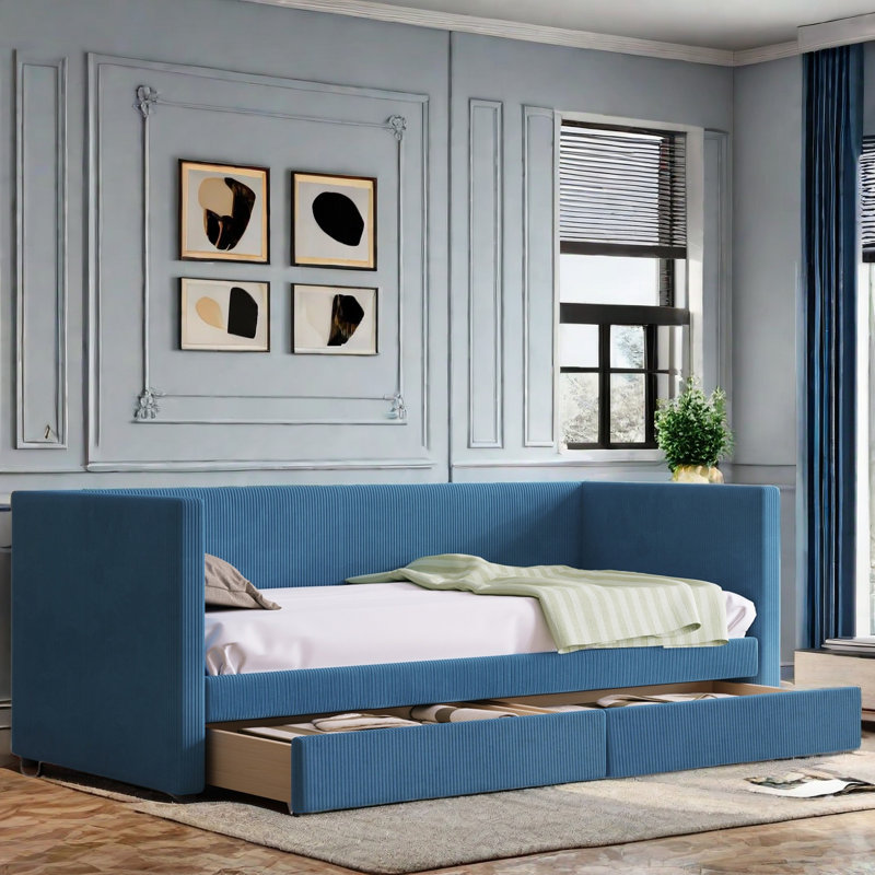 Iyania Daybed with Two Drawers and Wood Slat, Blue
