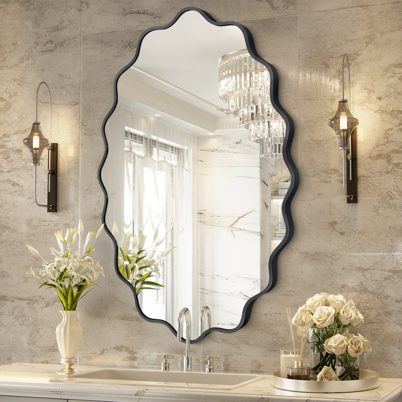 Miroir mural élégant et ovale ondulé, Noir, noir, noir, noir, 30" x 22"