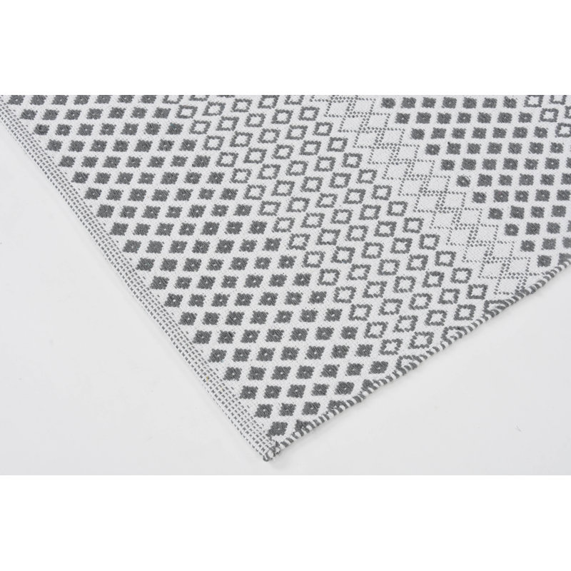 Tapis géométrique beige / gris en coton tissé à plat à la main, Rectangle 5 pi x 8 pi