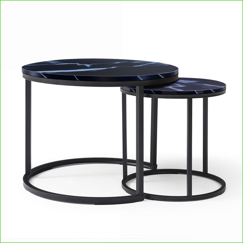 Black Top Black Frame Marble Pattern Coffee Table Set of 2 – Space-Saving Modern Industrial for Living Room, Bedroom, Apartment
