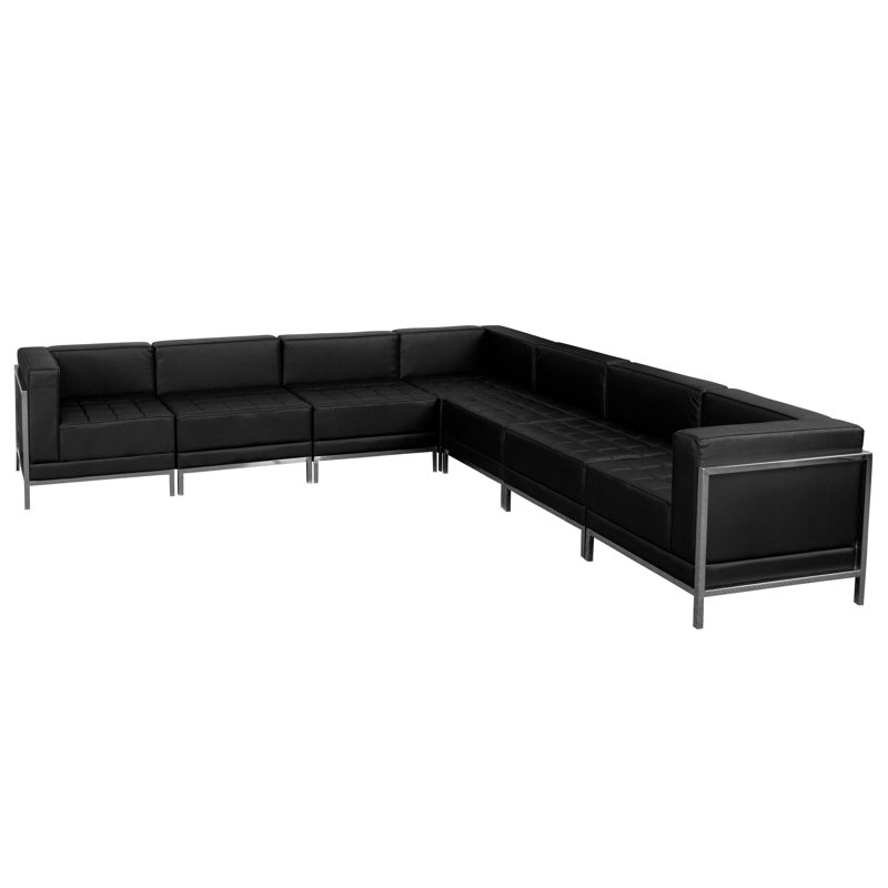 Black Tufted Leather Seven Piece Reception Sectional with Track Arm