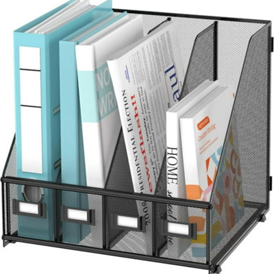 Metal Office Desk File Holder, Desktop Magazine File Holder With 4 Vertical Compartments