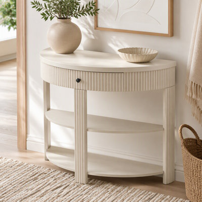 Console cannelée demi-lune avec tiroir et tablettes